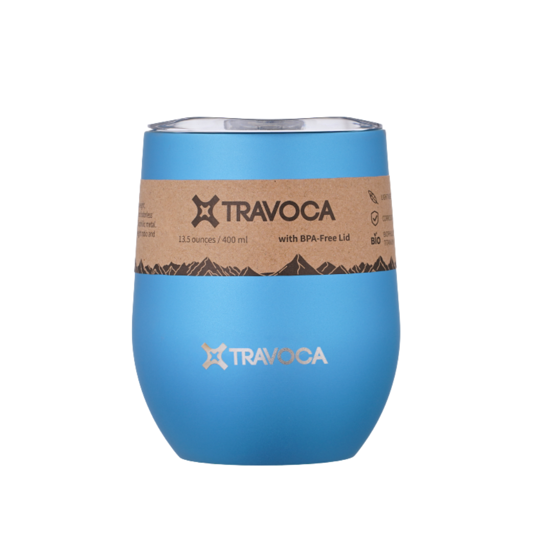 TRAVOCA Gemma cornflower blue titanium tumbler with BPA-free lid and eco-friendly paper packaging, durable and lightweight drinkware for travel and outdoor use.