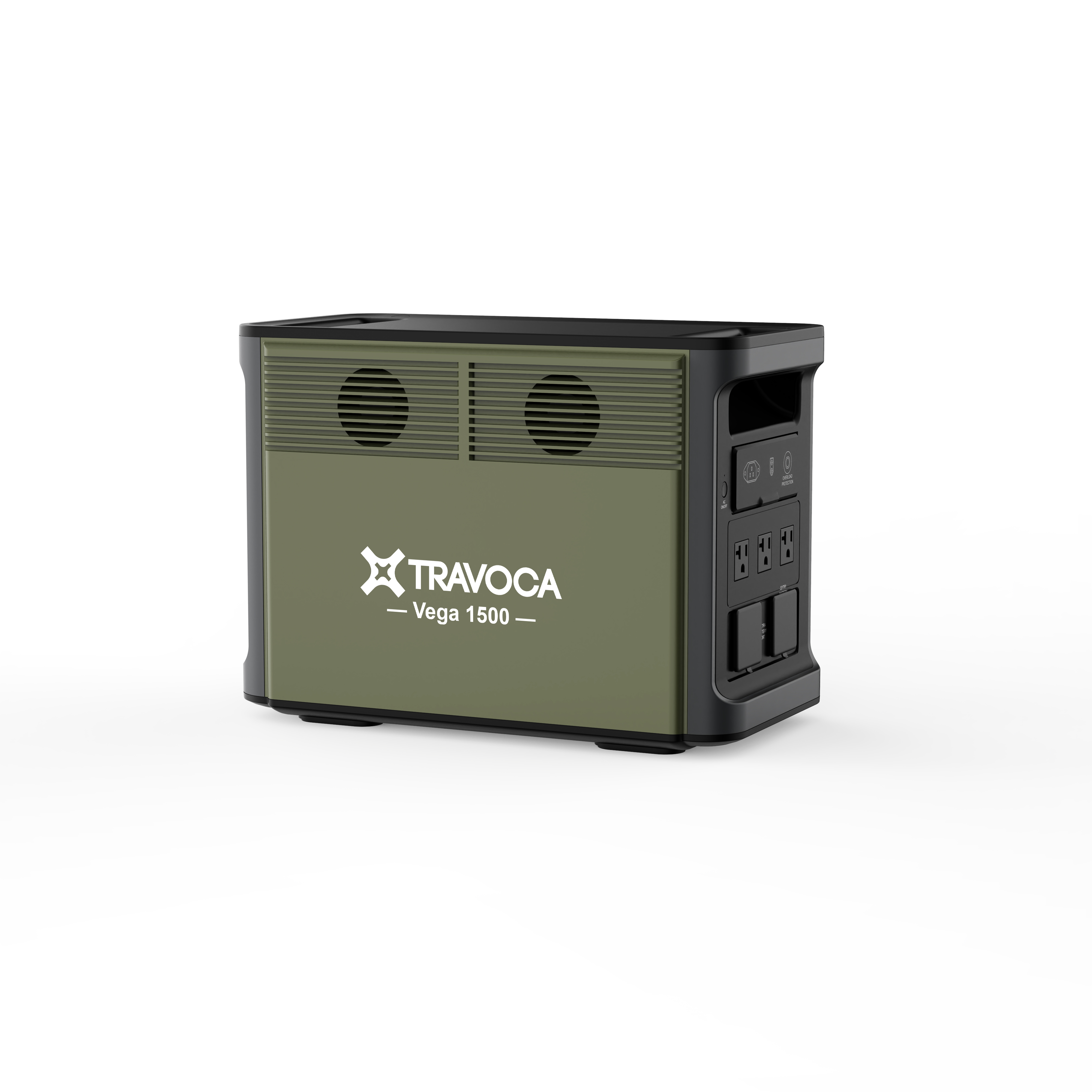 Side view of TRAVOCA Vega 1500 portable power station with 1536Wh capacity and 1800W output, perfect for camping, RV trips, and emergency backup power.