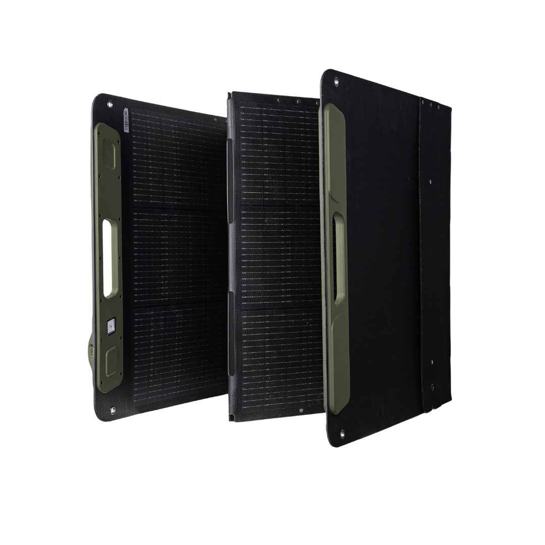 Angled view of the TRAVOCA Vega Sol 200 foldable solar panel opened for outdoor camping and RV power setup.